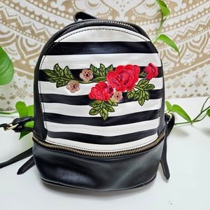 Mini backpack black with red flowers. Floral bag purse